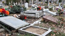 Zniszczone nagrobki na cmentarzu w Olsztynie