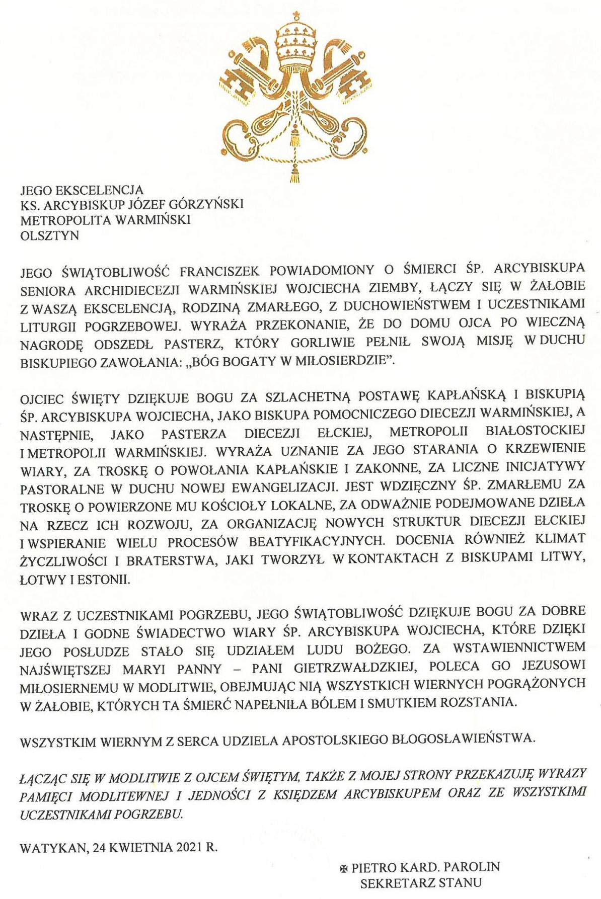 telegram papieża Franciszka 